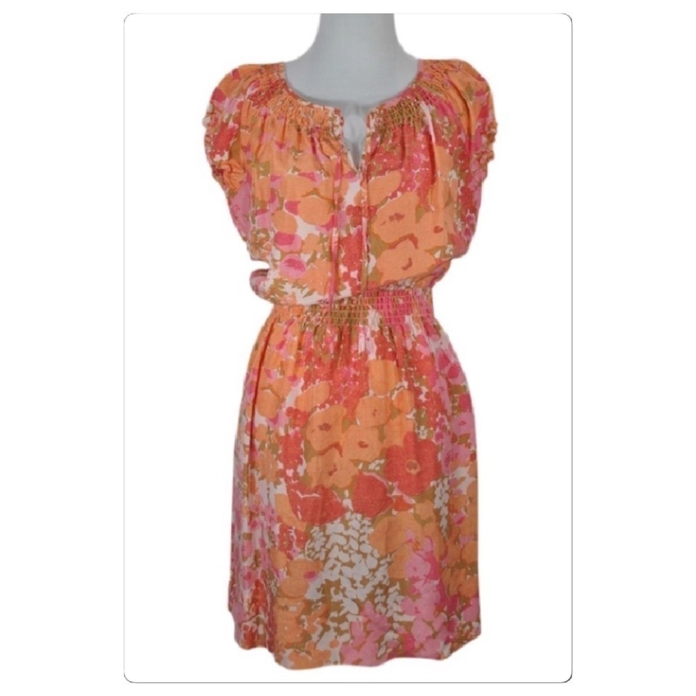 Talbots Petites Smocked Tie Neck Floral Silk Dress Size XSP
